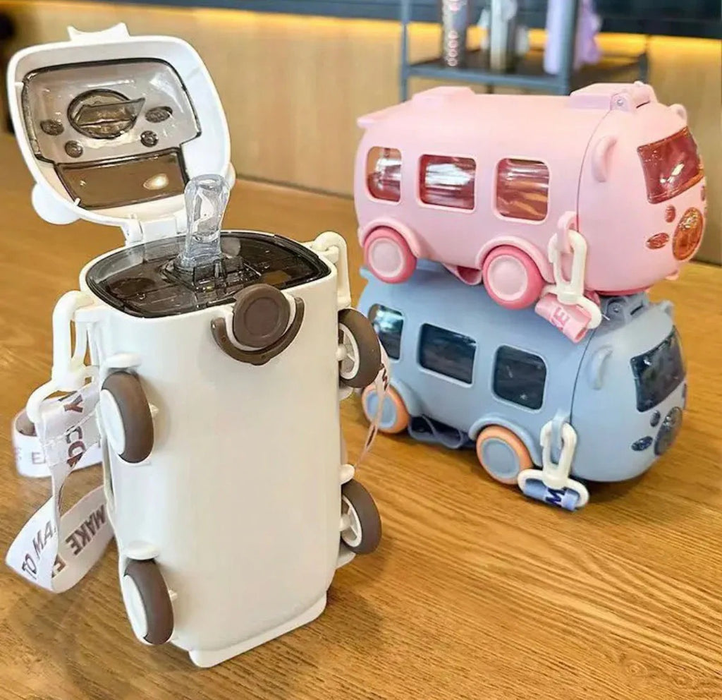 Cute Bus Water Bottle 600ml – Leakproof Kids Water Bottle with Straw & Shoulder Strap