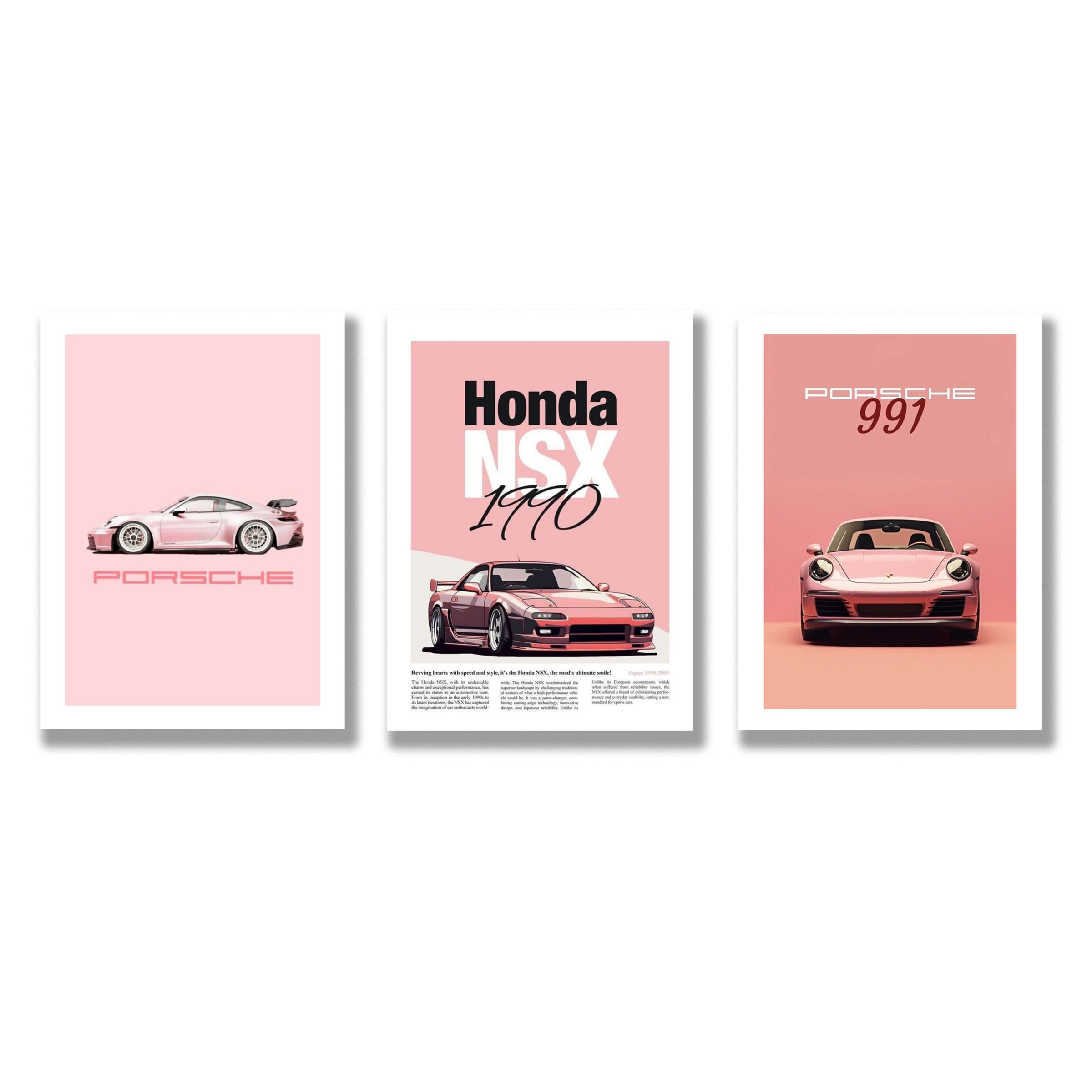 Porsche pink car wall art set of 3