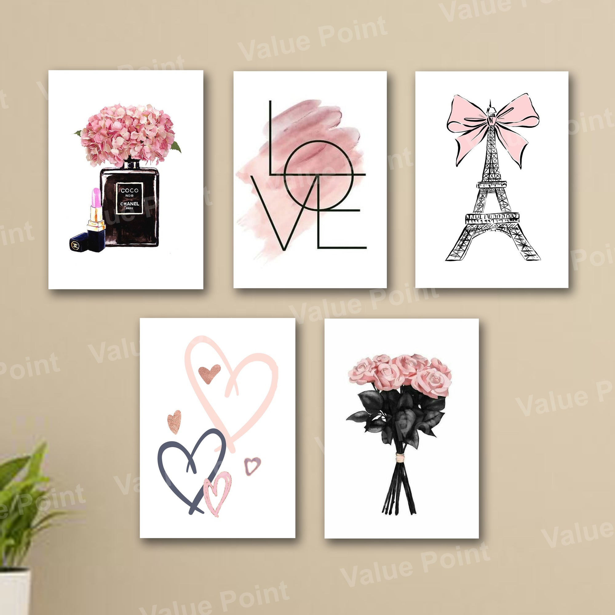 Pink Beauty & Makeup Wall Art Set of 5 | Laminated Photo Tile Frames 8×11 Inches