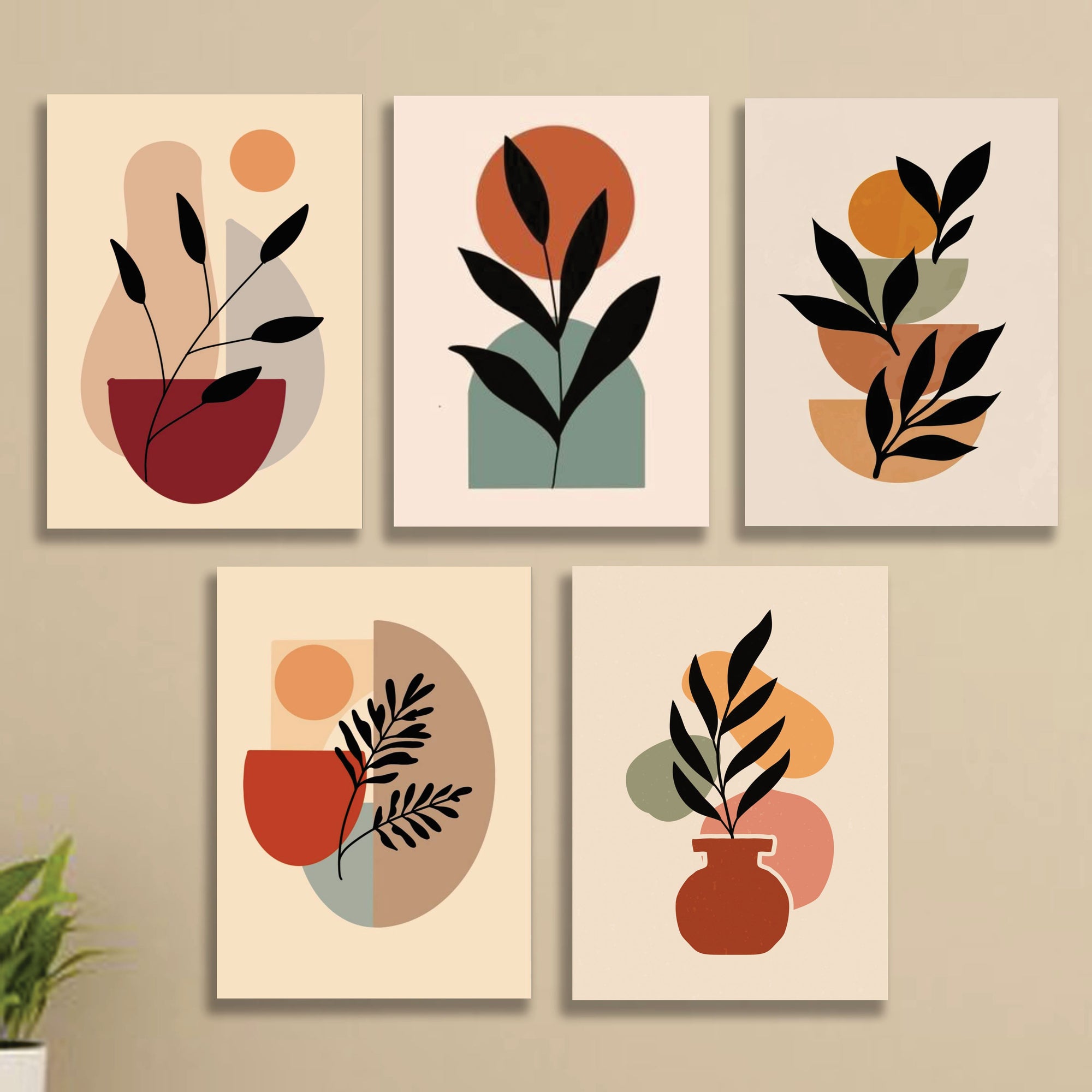 Modern Botanical Wall Frames Set of 5 – Premium Laminated Abstract Leaf Wall Art