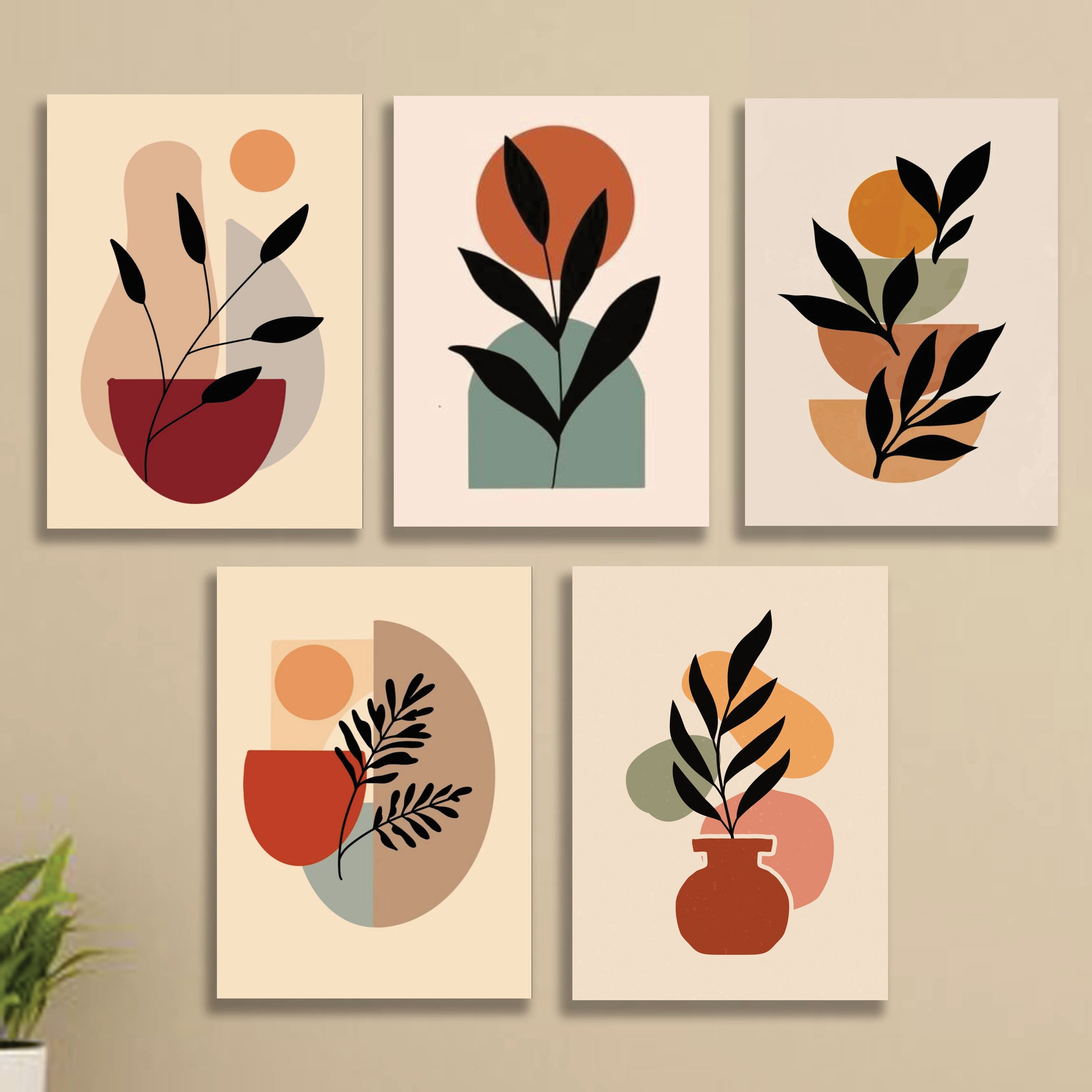 Modern Botanical Wall Frames Set of 5 – Premium Laminated Abstract Leaf Wall Art