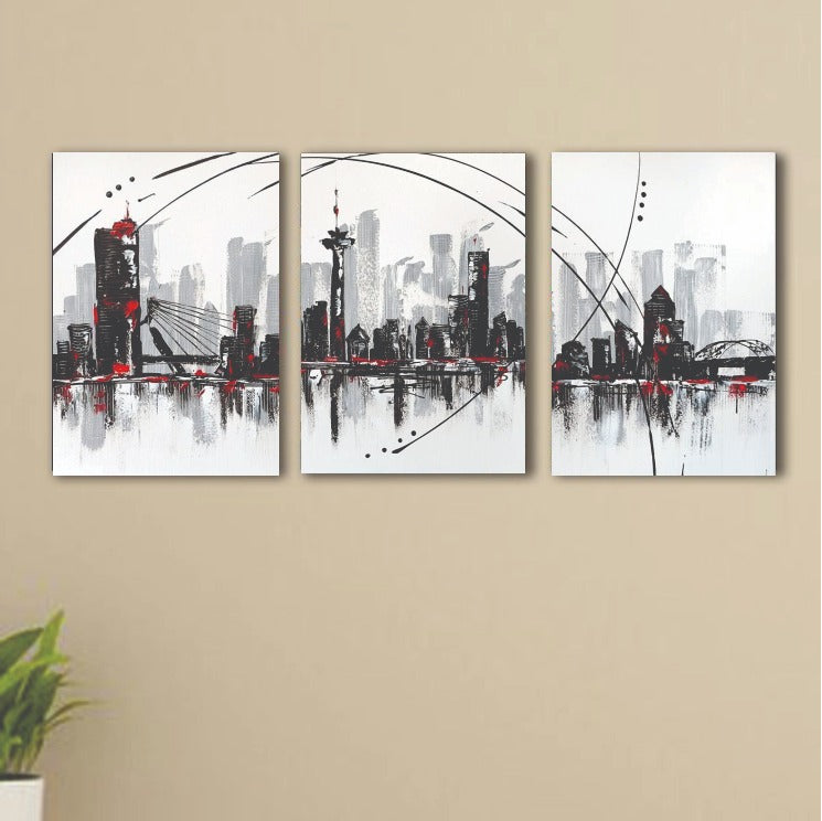 Modern City Skyline Wall Frames Set of 3 – Premium Laminated Abstract Cityscape Wall Art