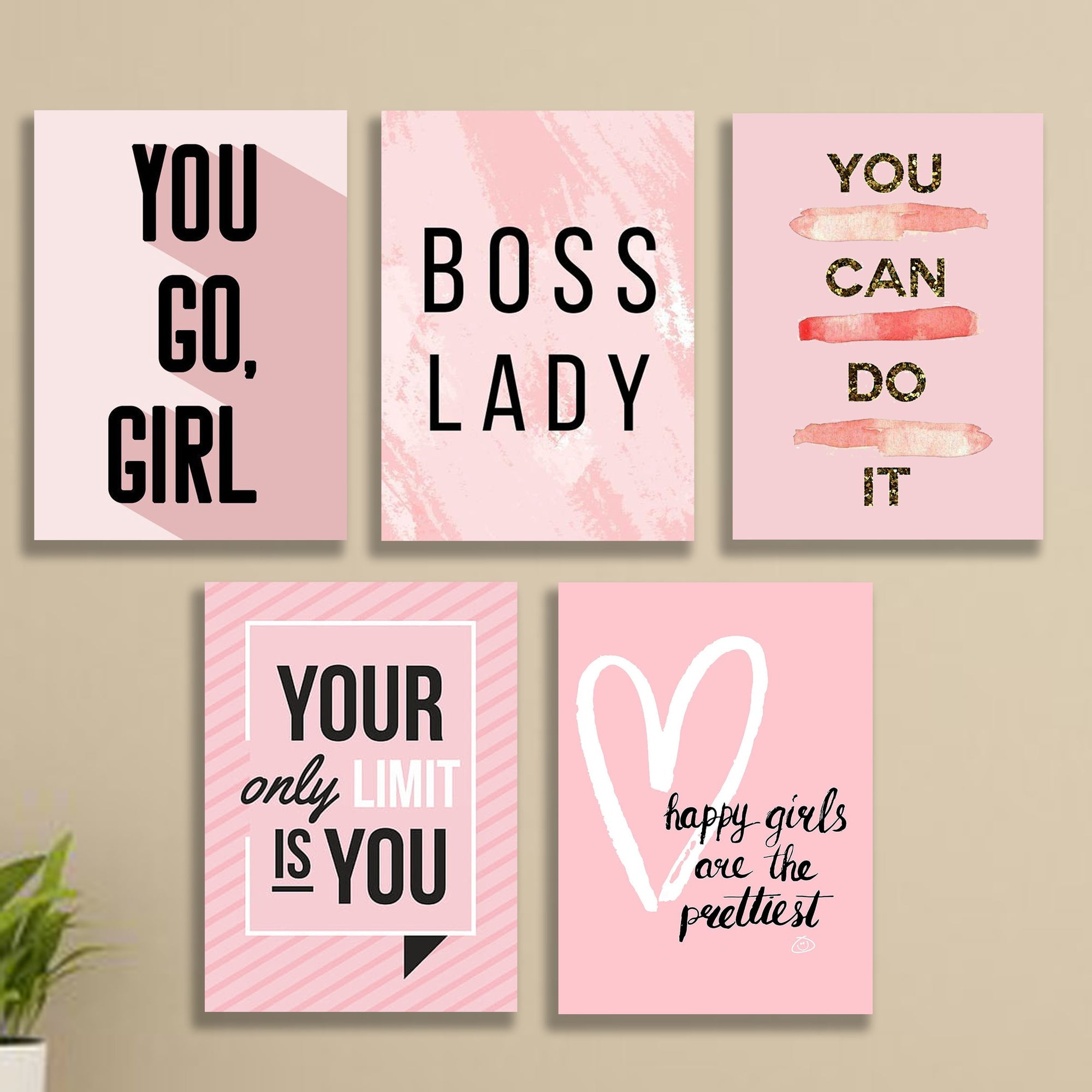 Girls Motivational Wall Art Set of 5 | Premium Laminated Photo Tile Frames