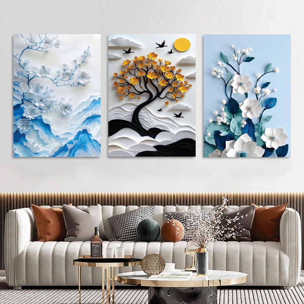 Floral Botanical Wall Art Set of 3 – Premium Laminated Printed Photo Tile Frames (8×11 Inches)
