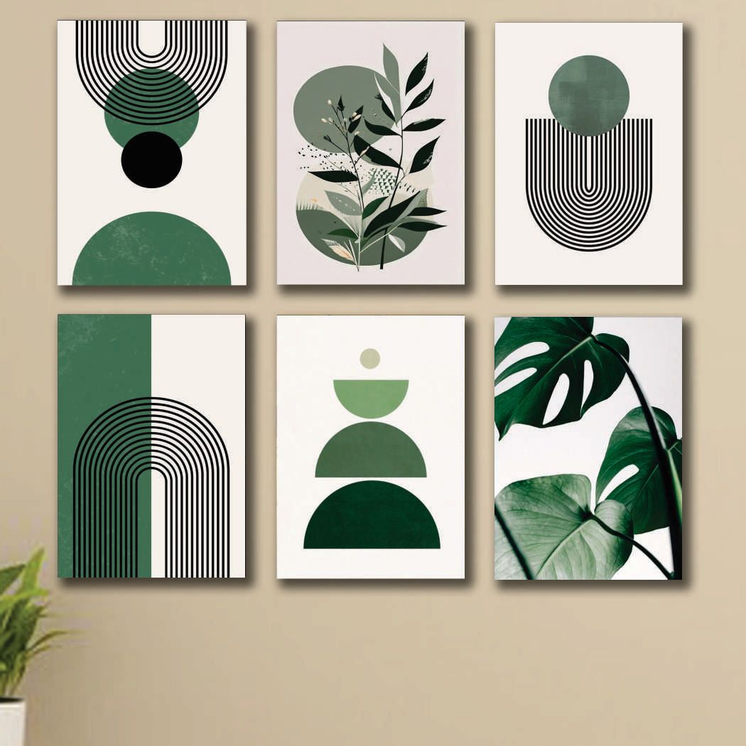 Modern Abstract Botanical Wall Art Set of 6 – Premium Laminated Printed Photo Tile Frames (8×11 Inches)