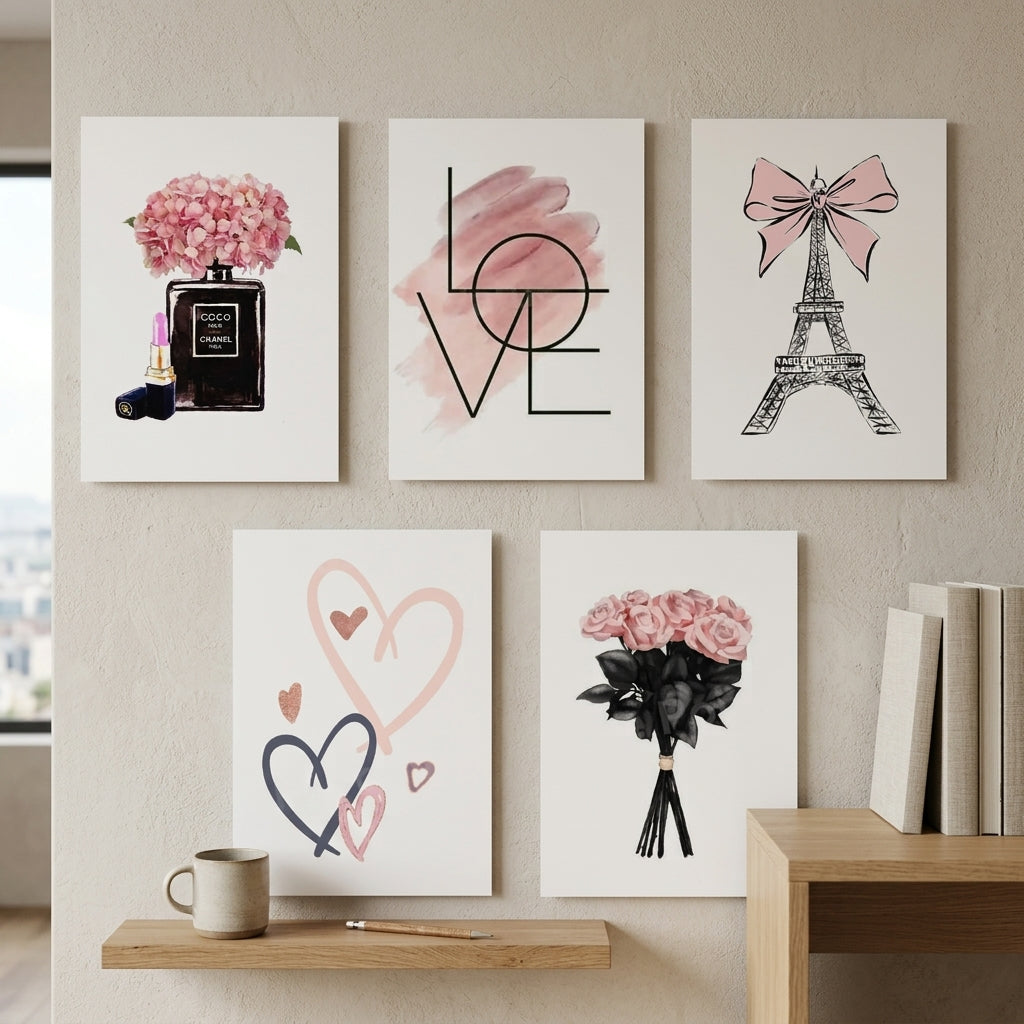 Pink Beauty & Makeup Wall Art Set of 5 | Laminated Photo Tile Frames 8×11 Inches