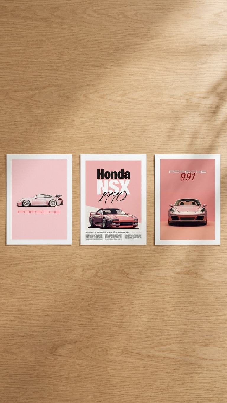 Porsche Pink Car Wall Art Set of 3