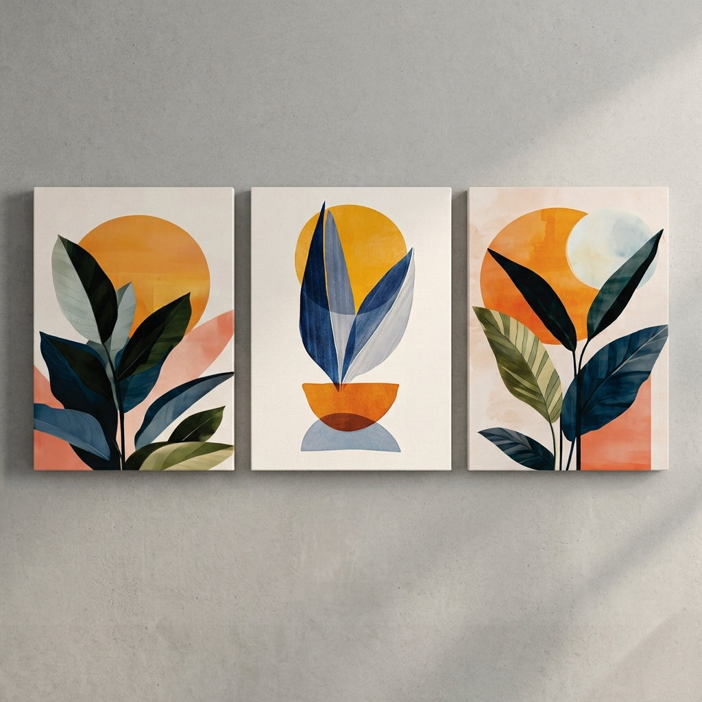 Modern Botanical Wall Art Set of 3 | Abstract Laminated Prints 8x11 Inch