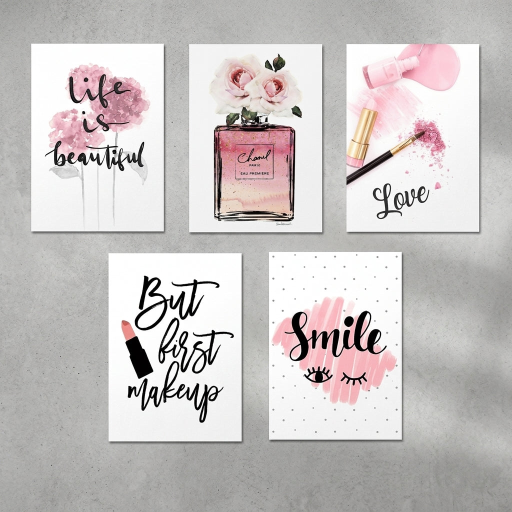 Pink Beauty & Makeup Wall Art Set of 5 | Laminated Photo Tile Frames 8×11 Inches