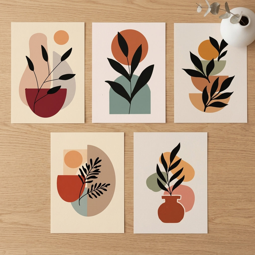 Modern Botanical Wall Frames Set of 5 – Premium Laminated Abstract Leaf Wall Art
