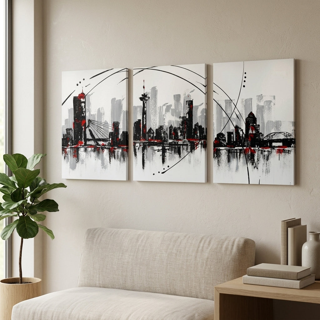 Modern City Skyline Wall Frames Set of 3 – Premium Laminated Abstract Cityscape Wall Art