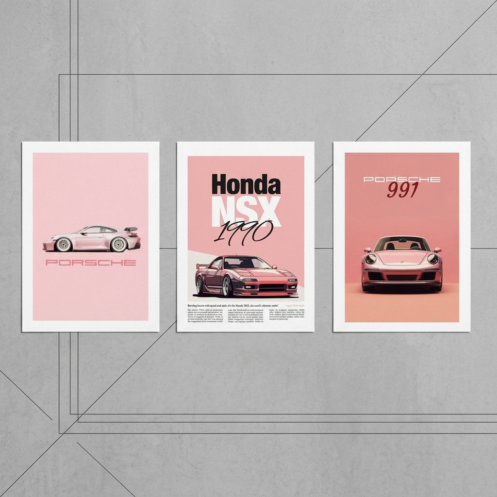 Porsche Pink Car Wall Art Set of 3