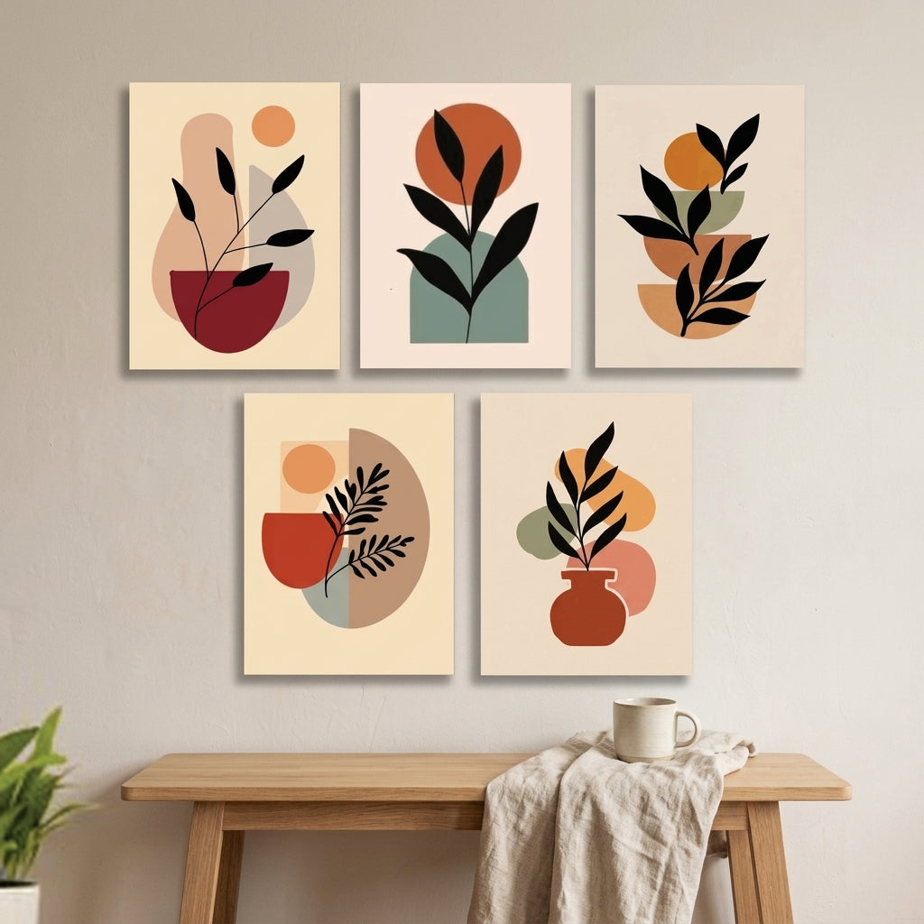 Modern Botanical Wall Frames Set of 5 – Premium Laminated Abstract Leaf Wall Art