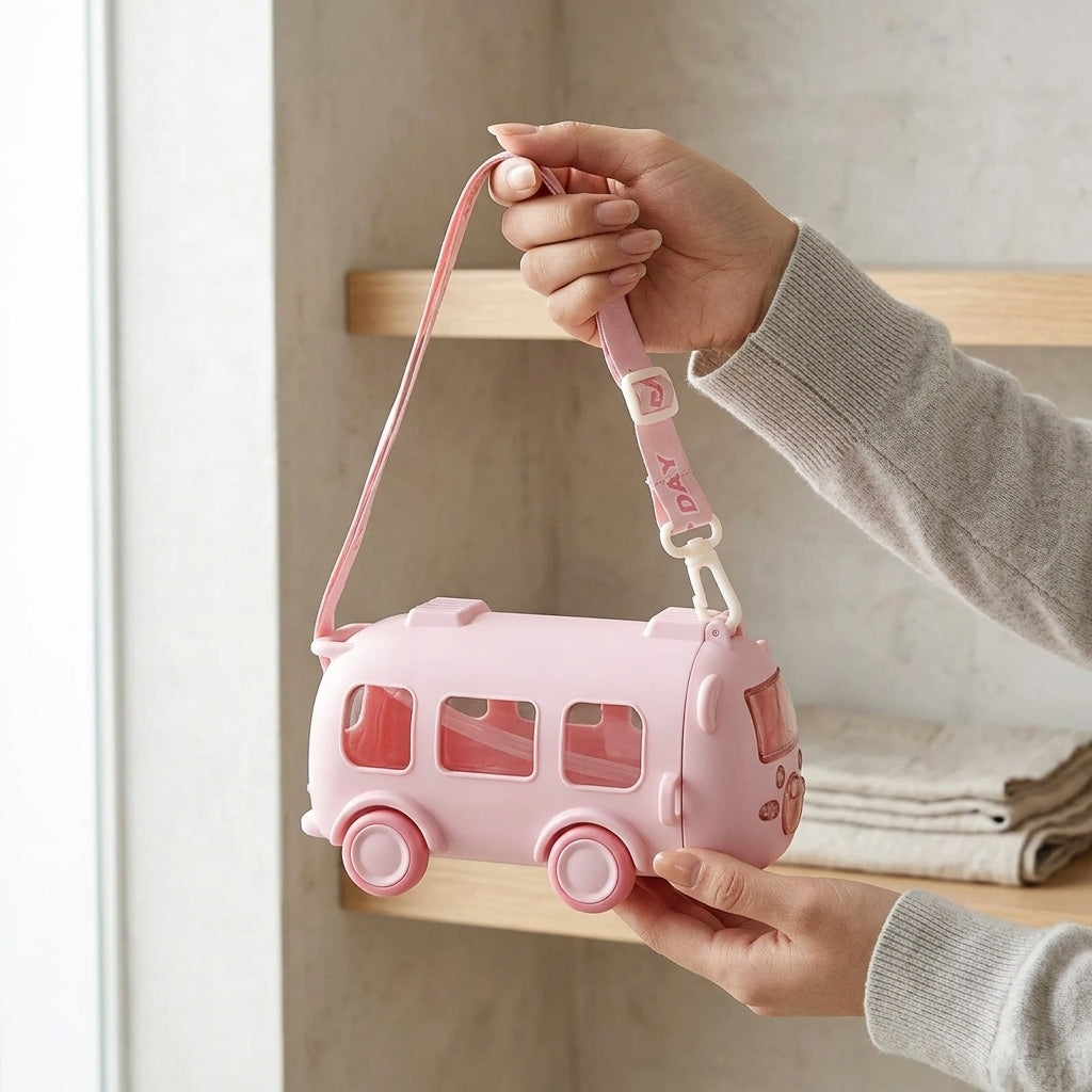 Cute Bus Water Bottle 600ml – Leakproof Kids Water Bottle with Straw & Shoulder Strap
