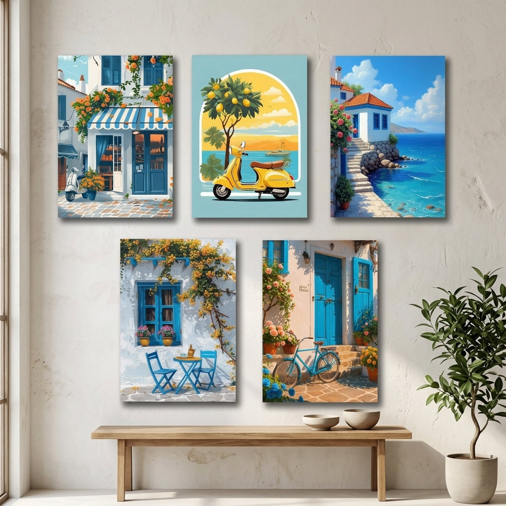 Coastal Blue Village Canvas Style Laminated Prints | 8x11 Inch Wall Decor with Adhesive Tape