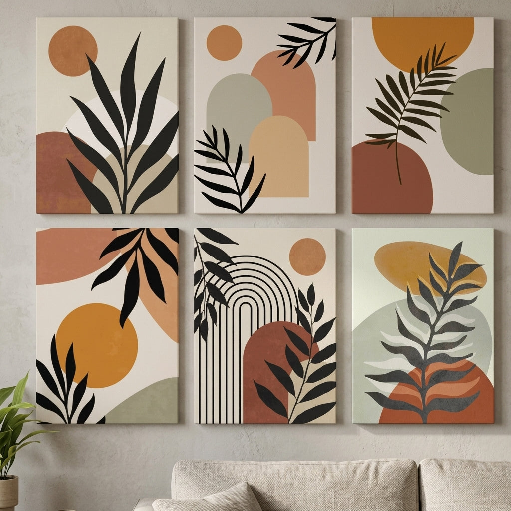 Modern Abstract Botanical Wall Art Set of 6 – Premium Laminated Printed Photo Tile Frames (8×11 Inches)