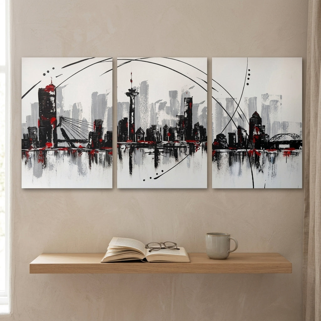 Modern City Skyline Wall Frames Set of 3 – Premium Laminated Abstract Cityscape Wall Art