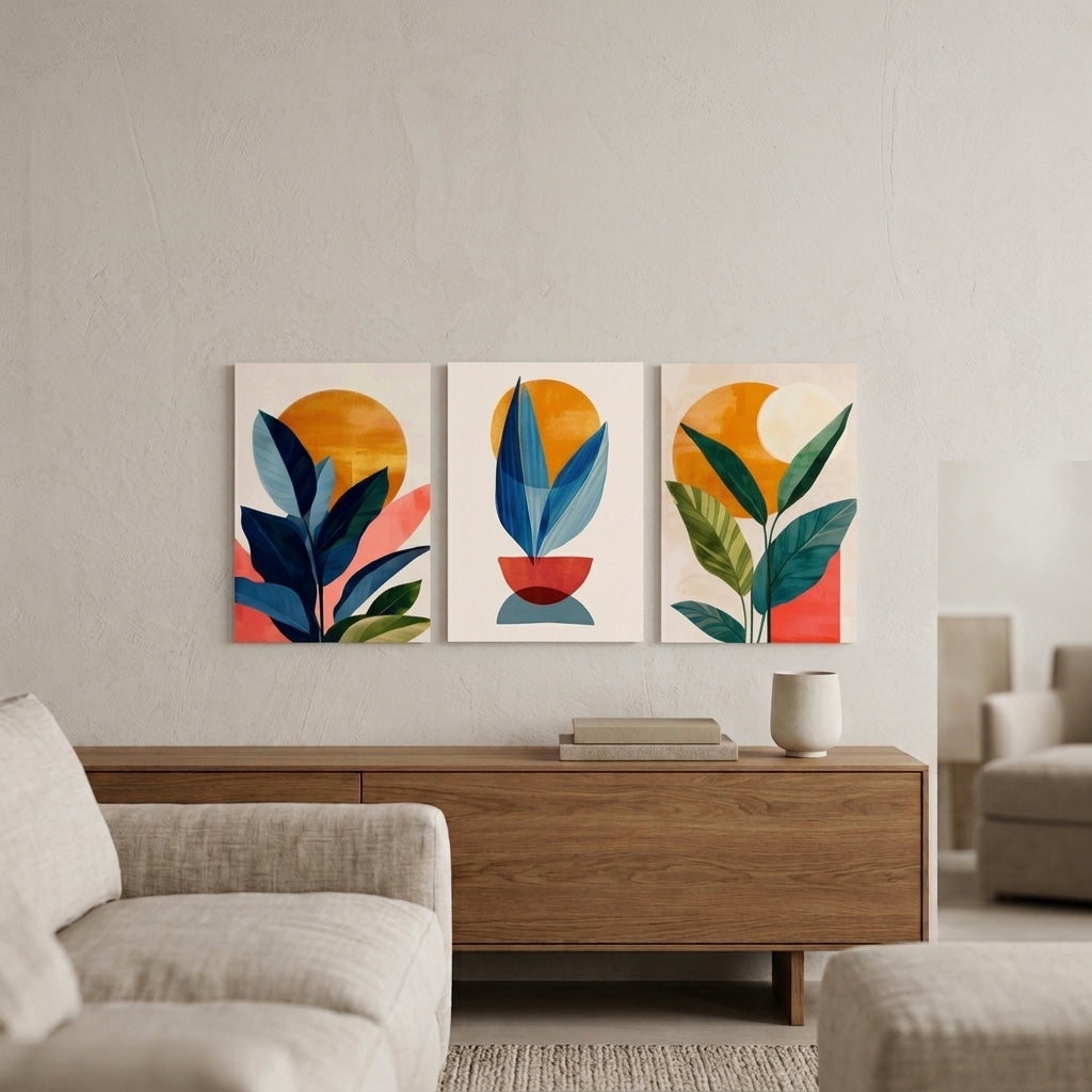 Modern Botanical Wall Art Set of 3 | Abstract Laminated Prints 8x11 Inch
