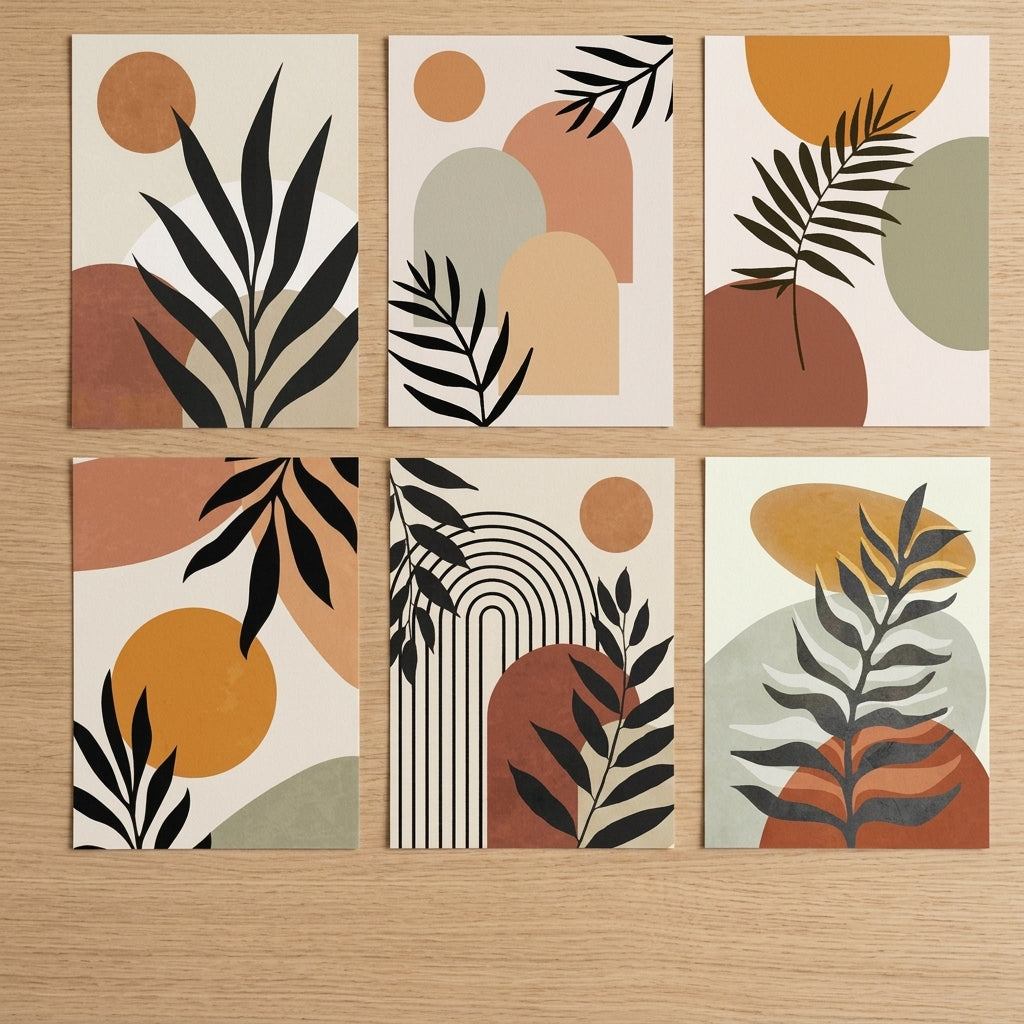 Modern Abstract Botanical Wall Art Set of 6 – Premium Laminated Printed Photo Tile Frames (8×11 Inches)