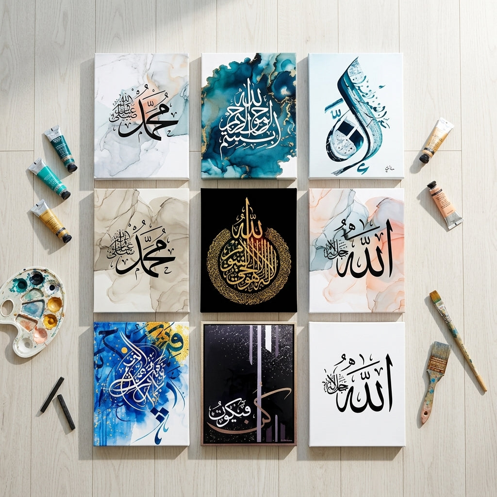 Islamic Wall Frames Set of 9 – Premium Laminated Islamic Calligraphy Wall Art