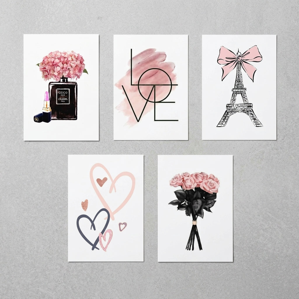 Pink Beauty & Makeup Wall Art Set of 5 | Laminated Photo Tile Frames 8×11 Inches