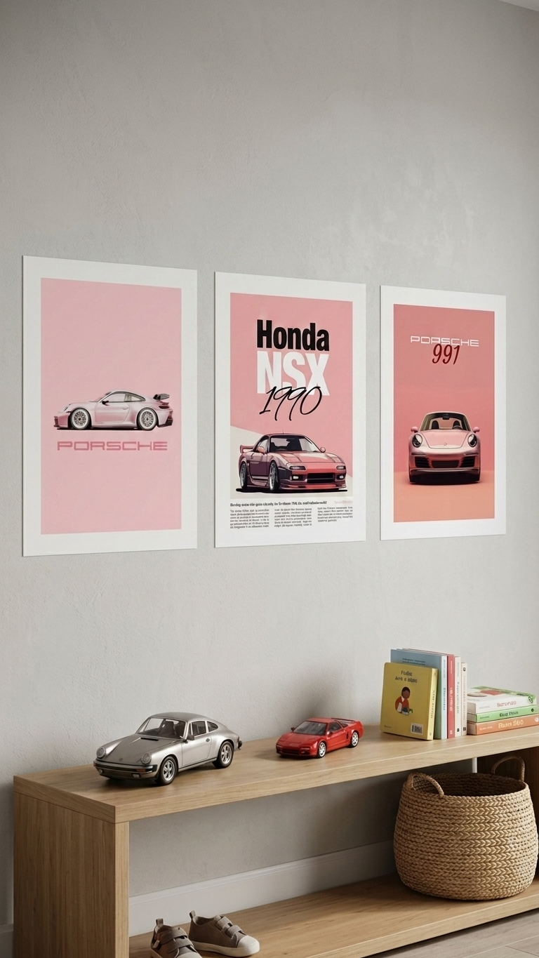 Porsche Pink Car Wall Art Set of 3