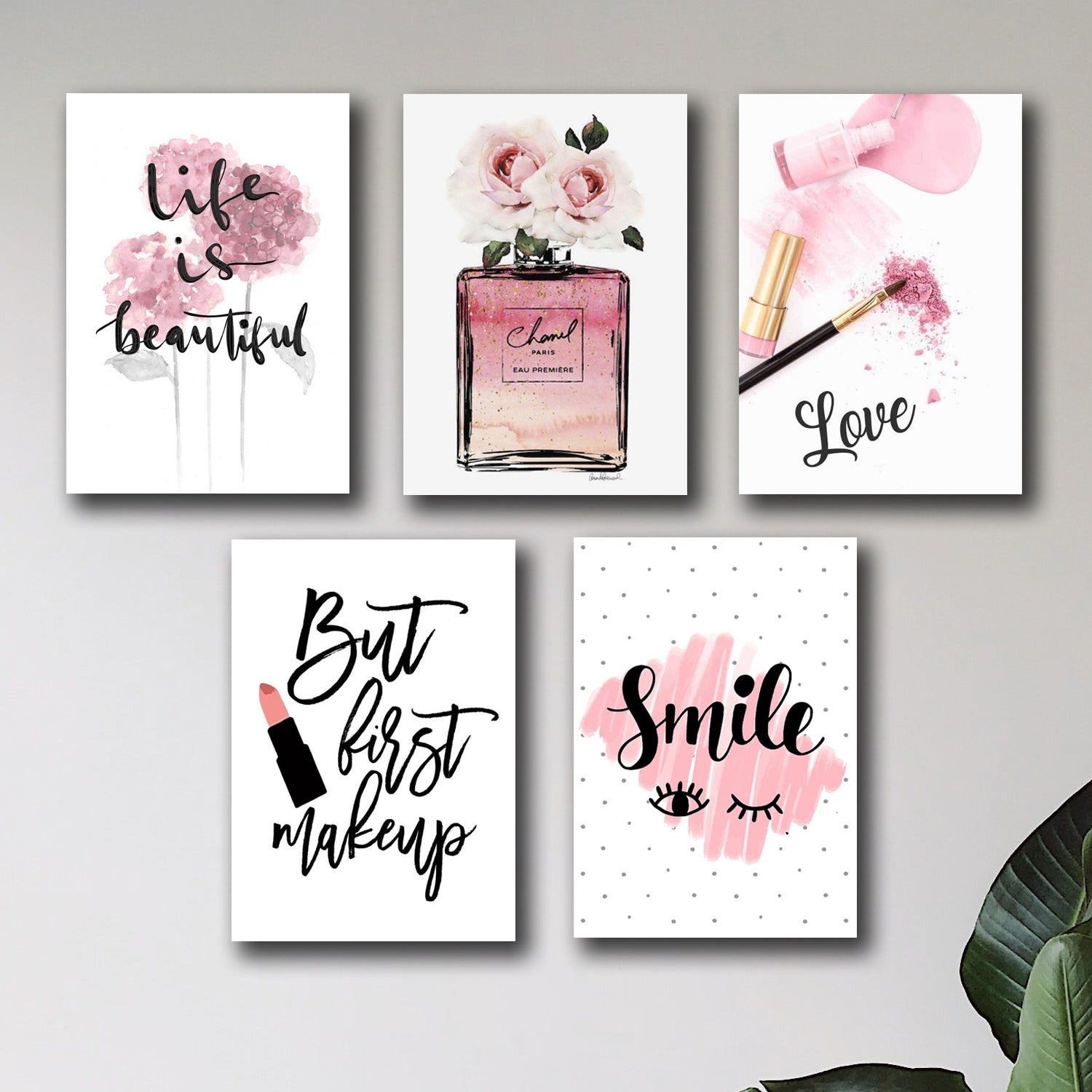Pink Beauty & Makeup Wall Art Set of 5 | Laminated Photo Tile Frames 8×11 Inches