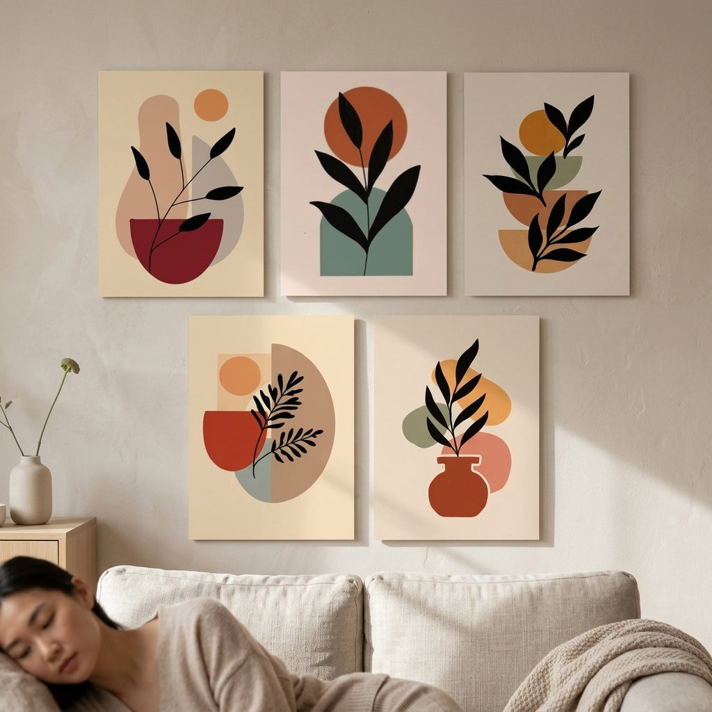 Modern Botanical Wall Frames Set of 5 – Premium Laminated Abstract Leaf Wall Art