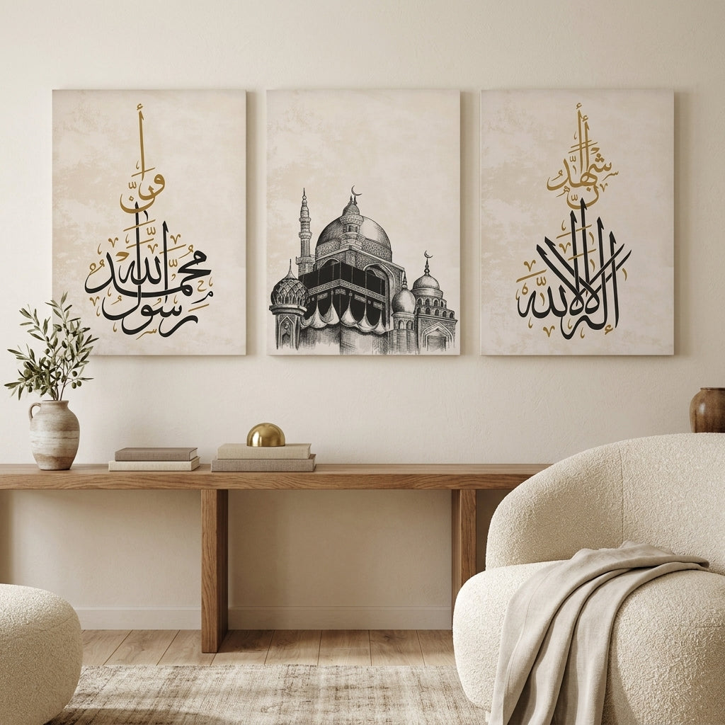 Islamic Kaaba & Kalma Wall Art Set of 3 | Laminated Photo Tile Frames