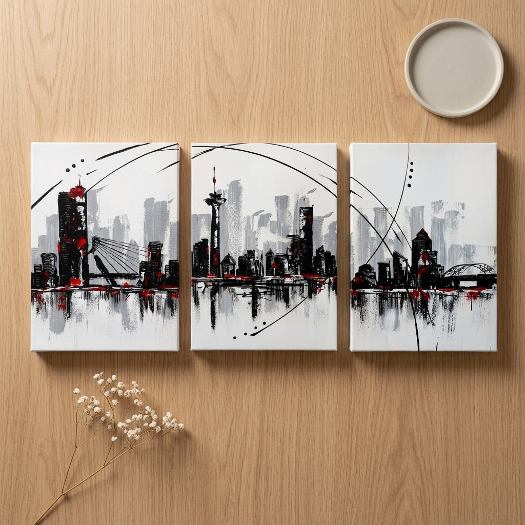 Modern City Skyline Wall Frames Set of 3 – Premium Laminated Abstract Cityscape Wall Art