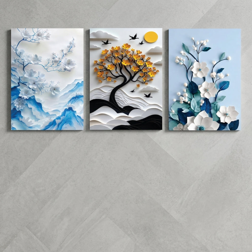 Floral Botanical Wall Art Set of 3 – Premium Laminated Printed Photo Tile Frames (8×11 Inches)