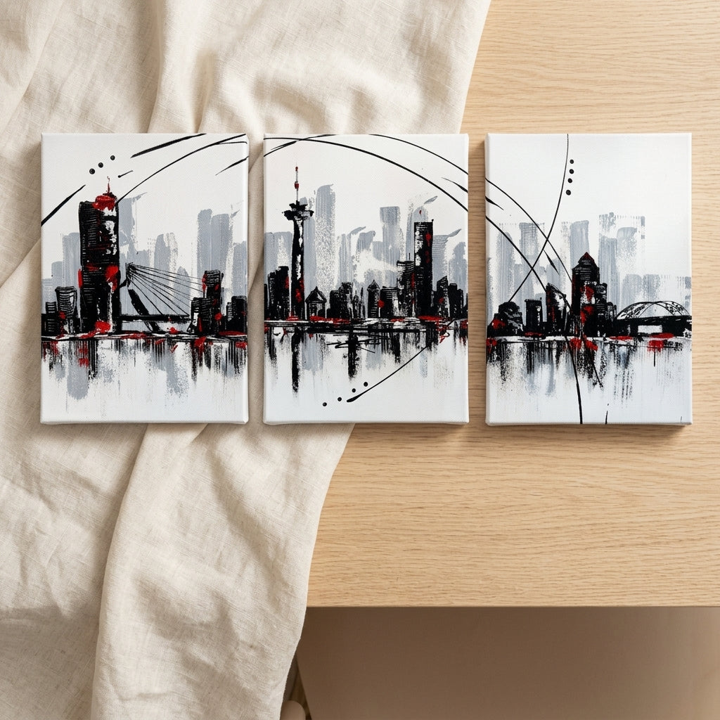 Modern City Skyline Wall Frames Set of 3 – Premium Laminated Abstract Cityscape Wall Art