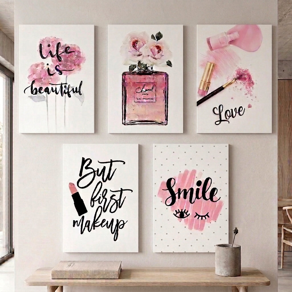 Pink Beauty & Makeup Wall Art Set of 5 | Laminated Photo Tile Frames 8×11 Inches