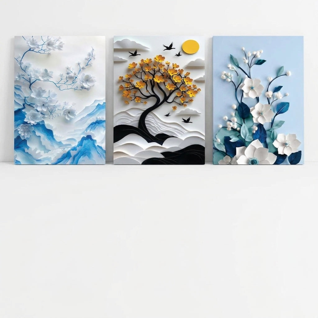 Floral Botanical Wall Art Set of 3 – Premium Laminated Printed Photo Tile Frames (8×11 Inches)