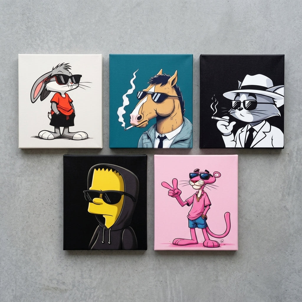 Cool Cartoon Character Wall Art Set of 5 – Premium Laminated Printed Photo Tile Frames (8×11 Inches)