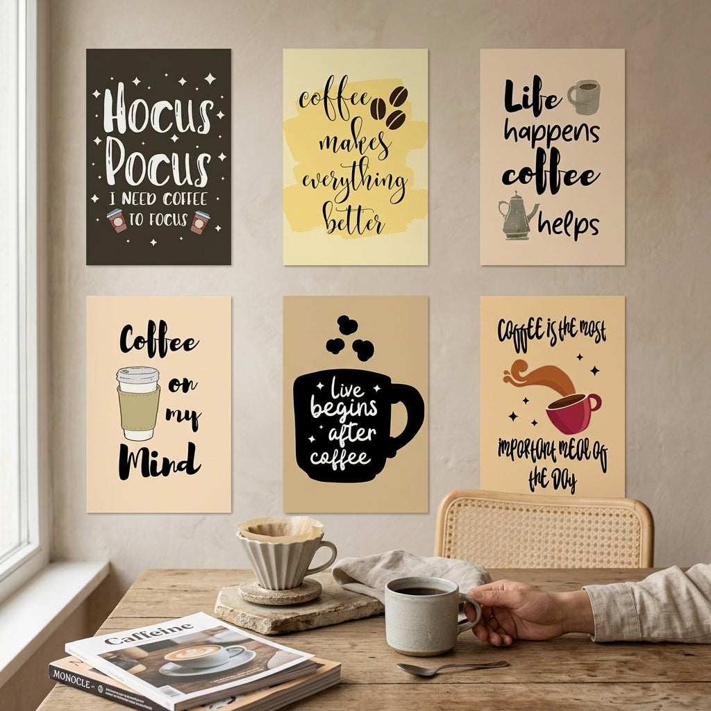 Coffee Quotes Wall Frames Set of 6 – Premium Laminated Café Wall Art