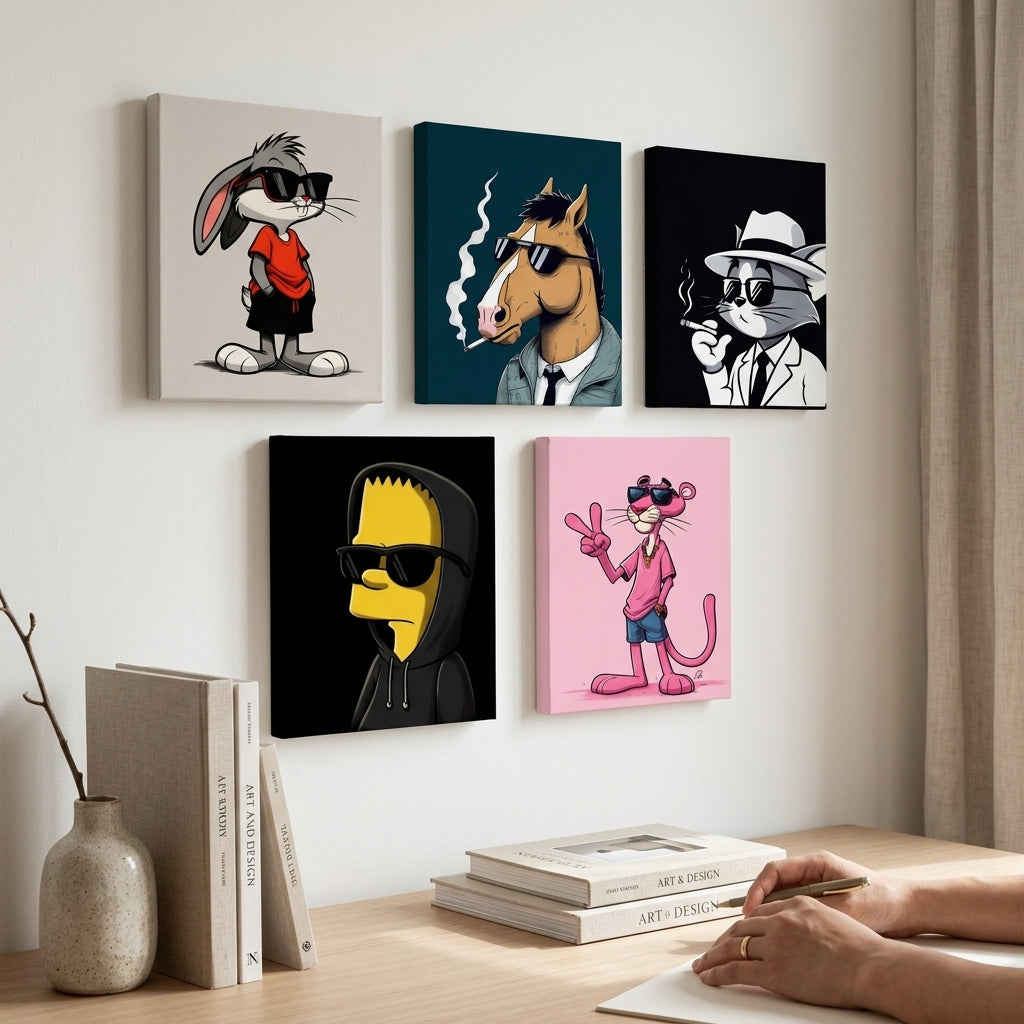 Cool Cartoon Character Wall Art Set of 5 – Premium Laminated Printed Photo Tile Frames (8×11 Inches)