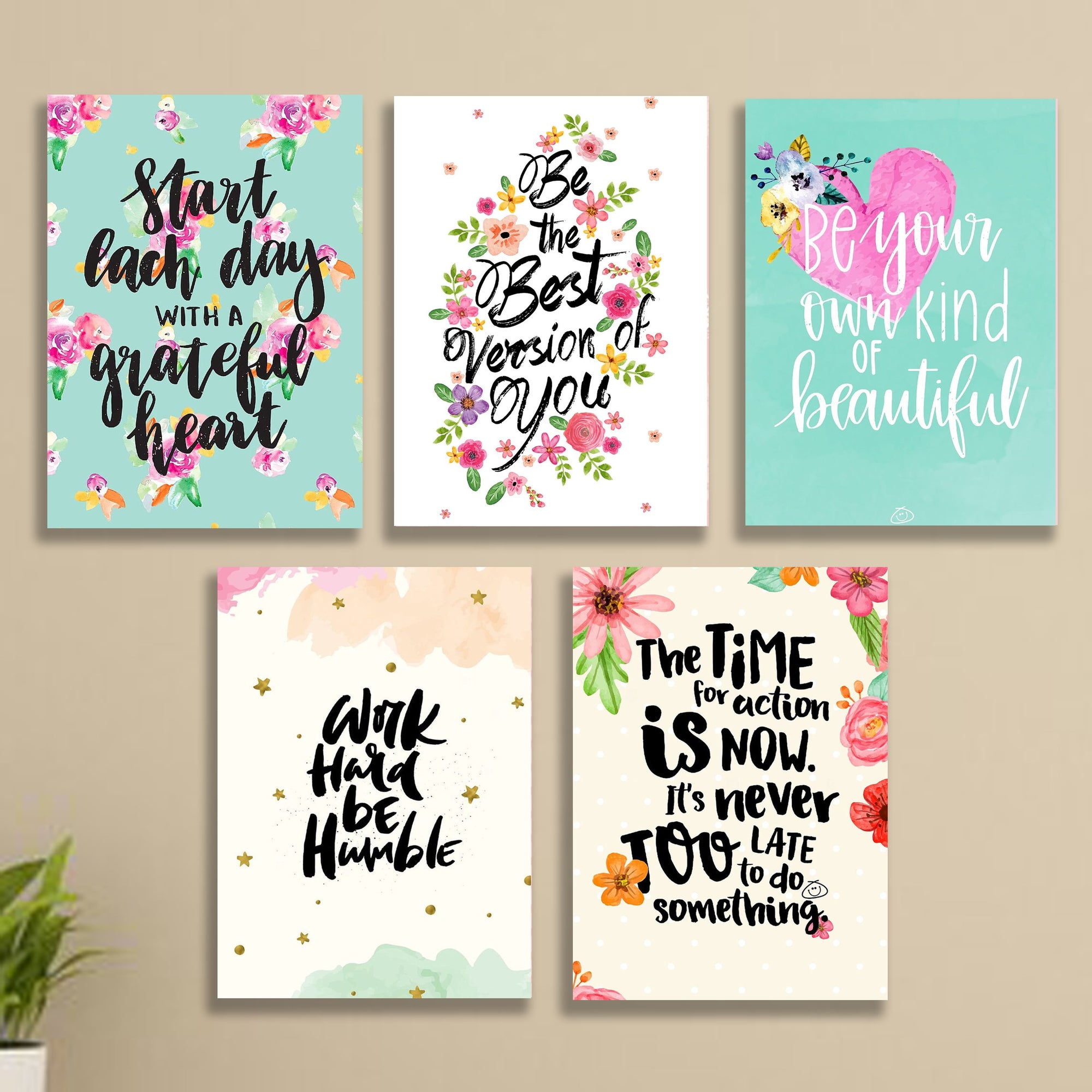Inspirational Quotes Wall Art Set of 5 – Laminated Printed Photo Tile Frames (8×11 Inches)