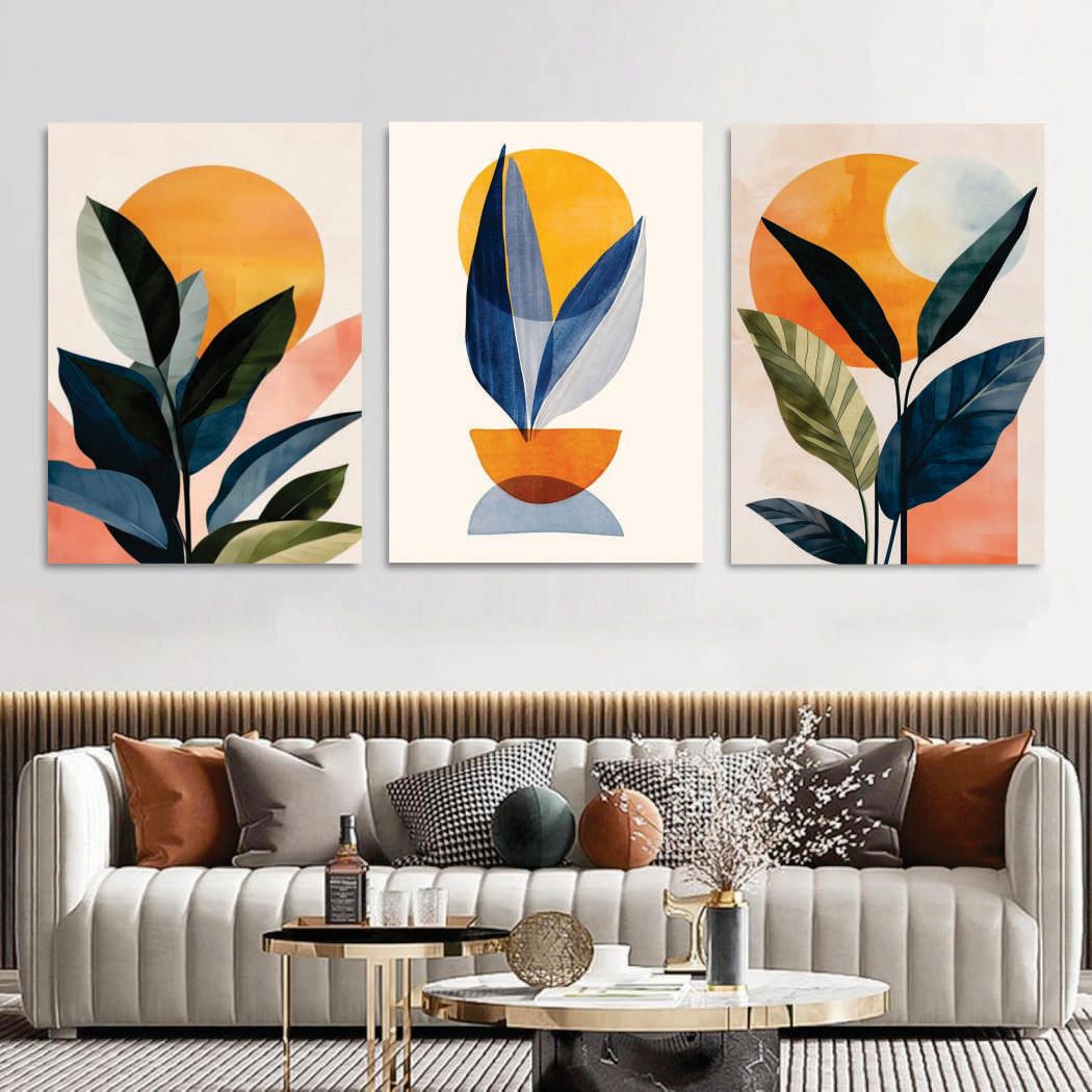 Modern Botanical Wall Art Set of 3 | Abstract Laminated Prints 8x11 Inch