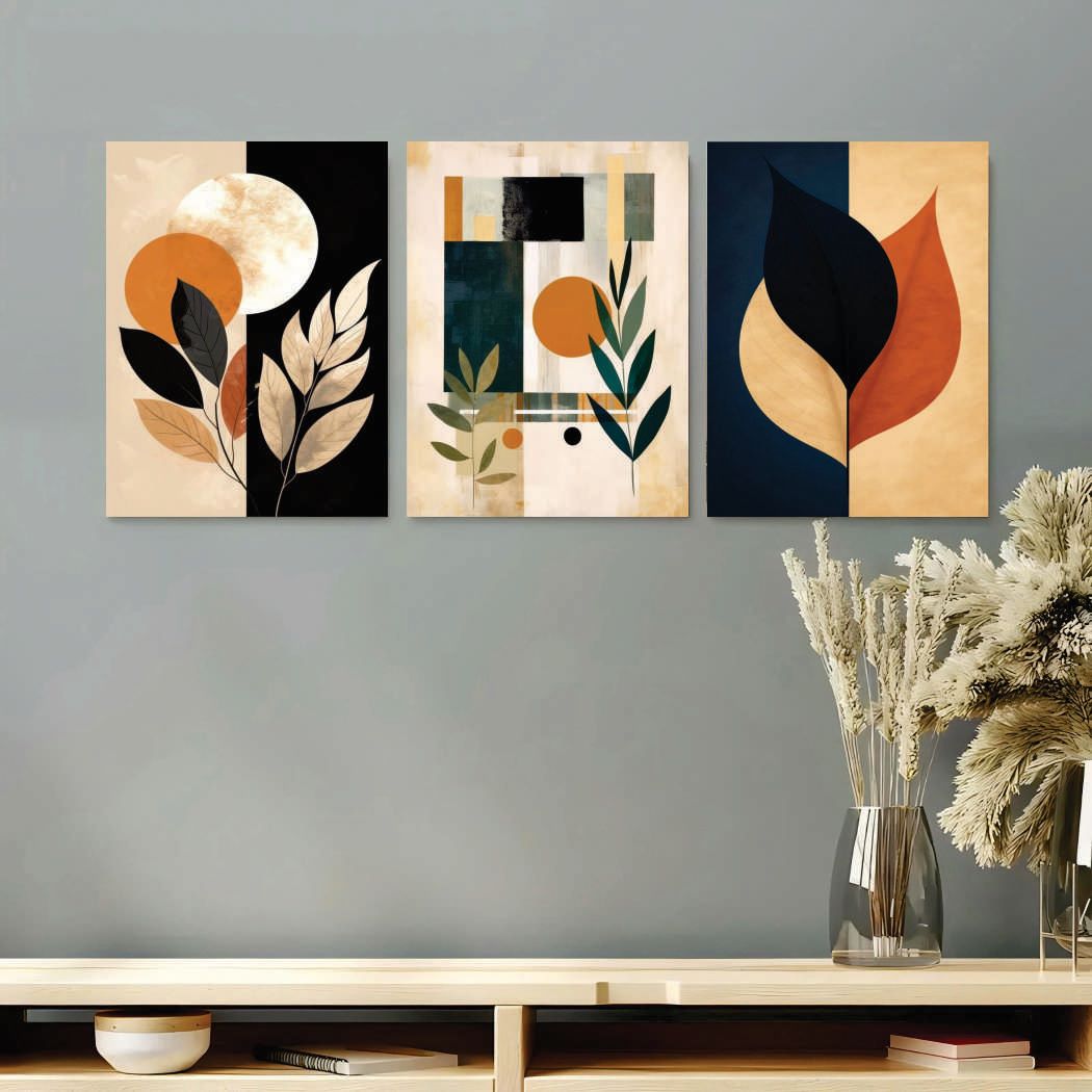 Modern Abstract Botanical Wall Art Set of 3 | Laminated Prints 8x11 Inch