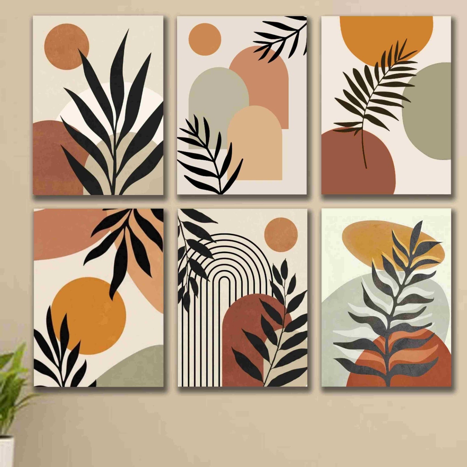 Modern Abstract Botanical Wall Art Set of 6 – Premium Laminated Printed Photo Tile Frames (8×11 Inches)
