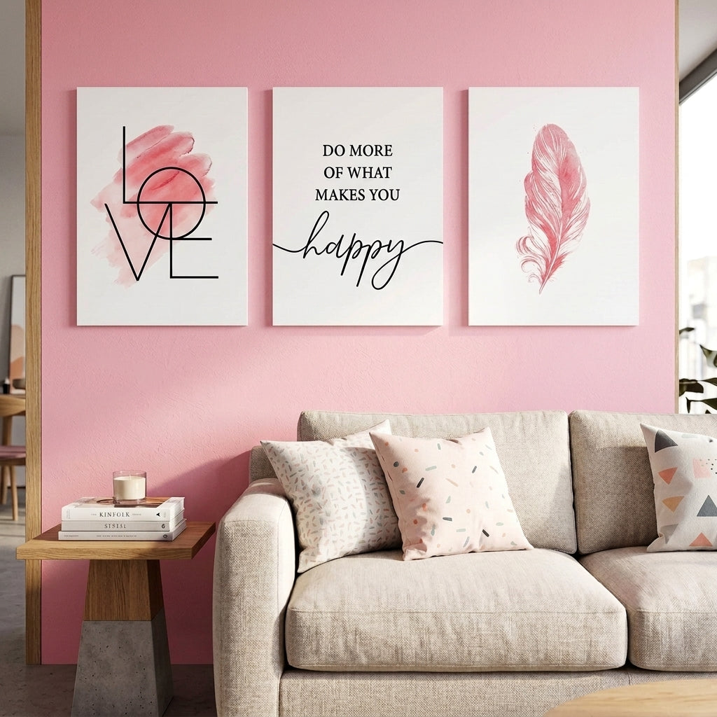 Minimalist Pink Wall Art Set of 3 | Laminated Photo Tile Frames 8×11 Inches