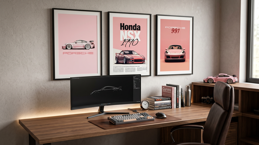 Porsche Pink Car Wall Art Set of 3